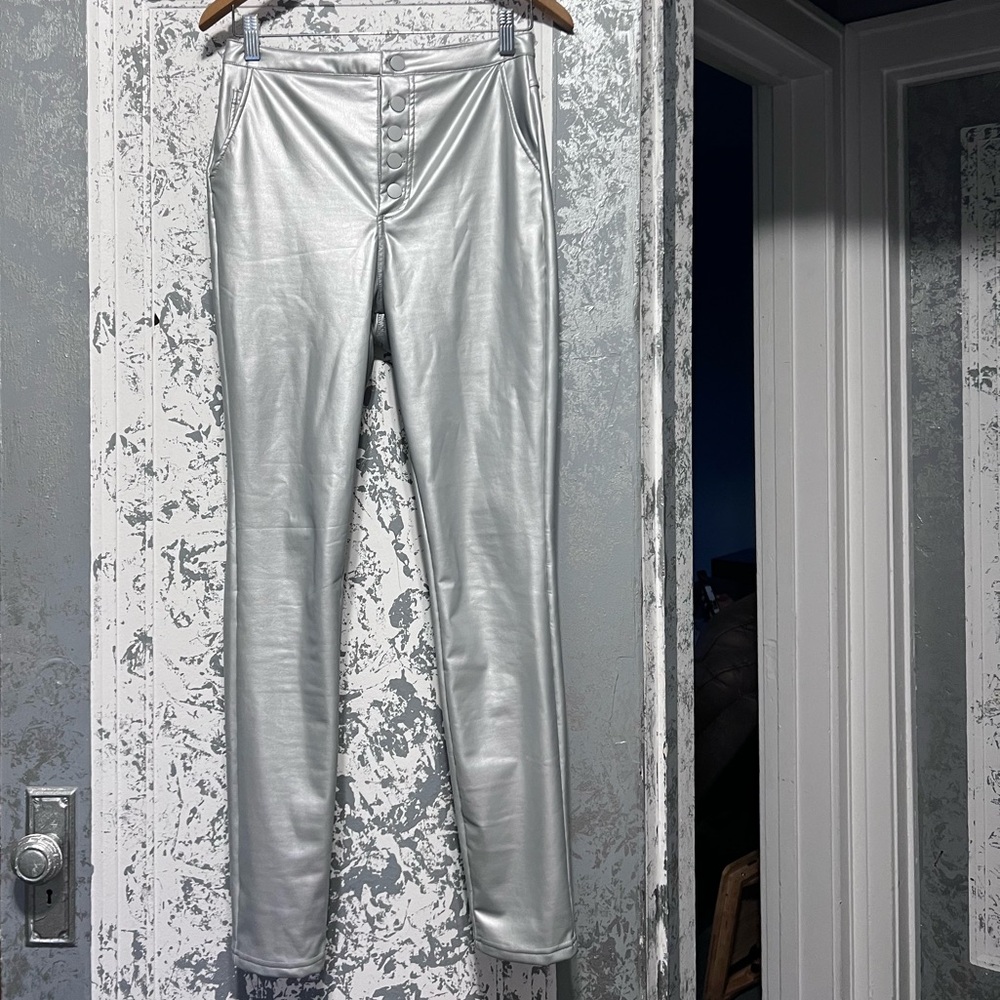 Silver vegan leather pants with soft underlining